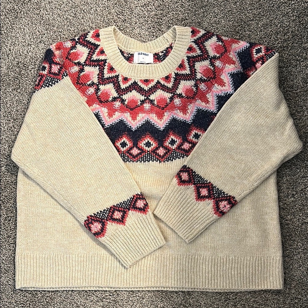 Cream and Pink Patterned Sweater